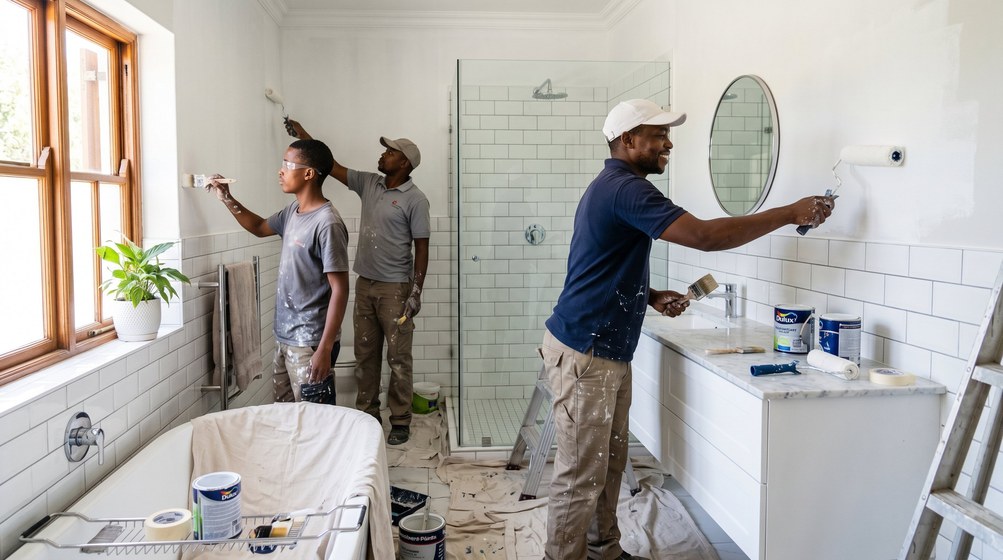 Professional bathroom painters applying moisture-resistant paint in a modern bathroom