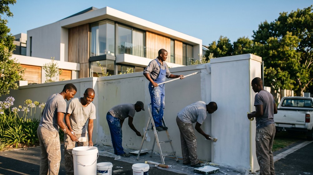 Professional team painting a boundary wall at a modern home in Boksburg