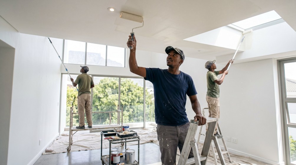Professional ceiling painters rolling white paint onto a high ceiling in Boksburg