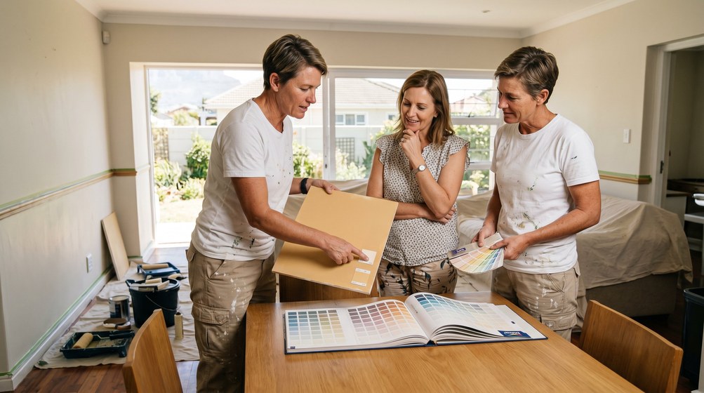 Professional colour consultant showing paint swatches to a homeowner in Boksburg