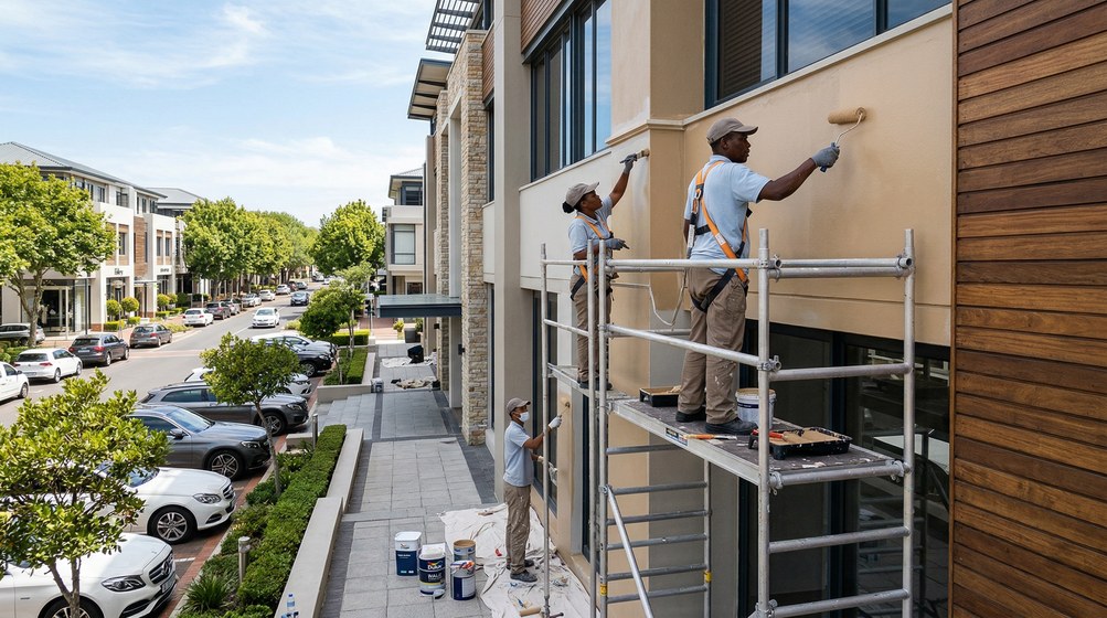 Professional commercial painters on scaffolding painting a building in Boksburg