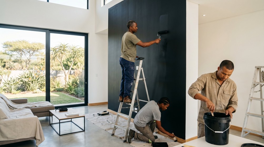 Professional painters creating a bold black feature wall in a modern Boksburg home