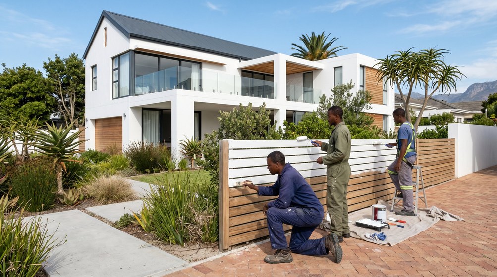 Professional fence painters painting a wooden fence at a Boksburg home in Boksburg