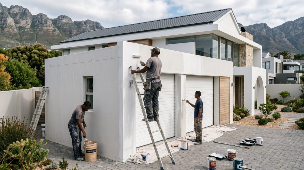 Professional painters painting a double garage exterior and garage doors in Boksburg