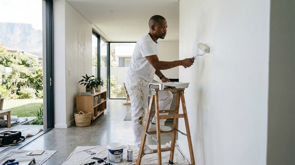 Professional interior painter in Boksburg painting walls with a roller