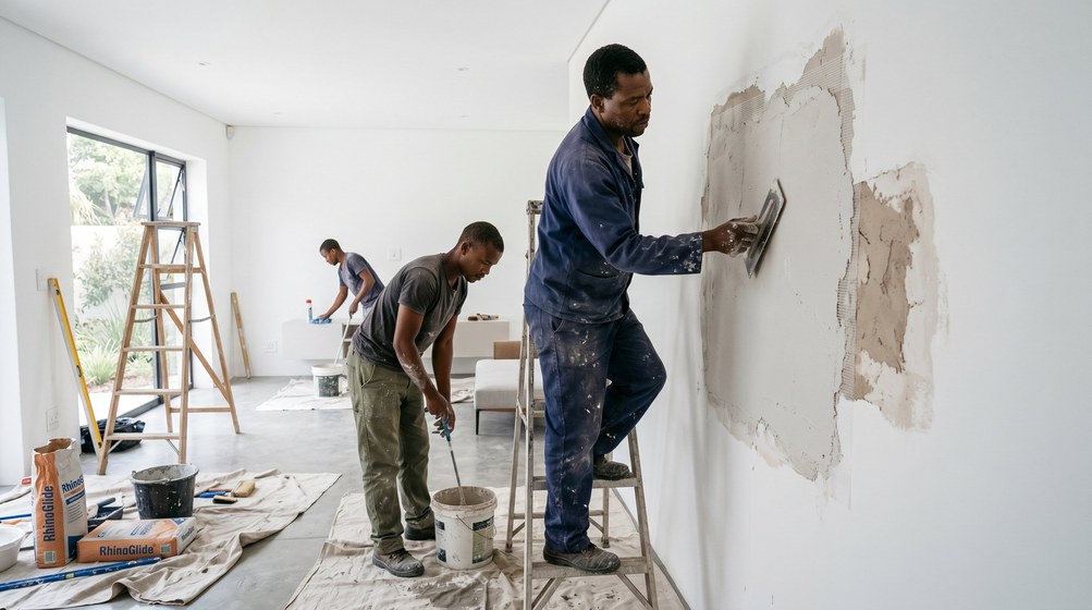 Professional plaster repair team skim coating damaged walls in Boksburg
