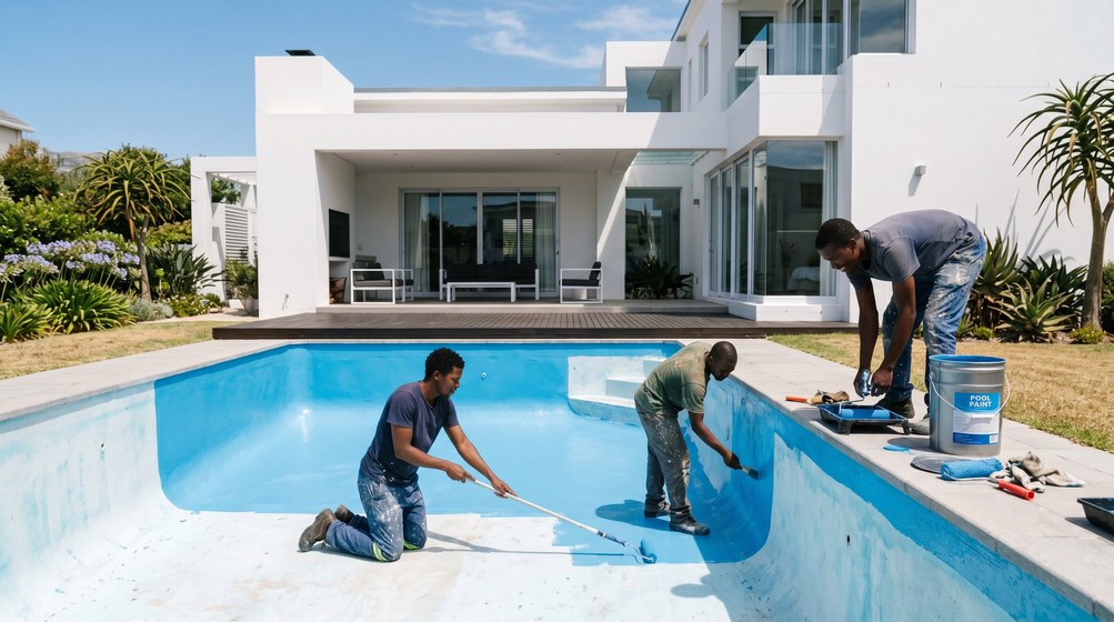 Professional pool painters applying blue pool paint to a swimming pool in Boksburg