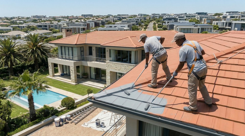 Professional roof painters applying waterproof coating to tiled roof in Boksburg