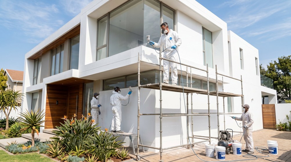 Professional spray painters on scaffolding applying airless spray paint to a home