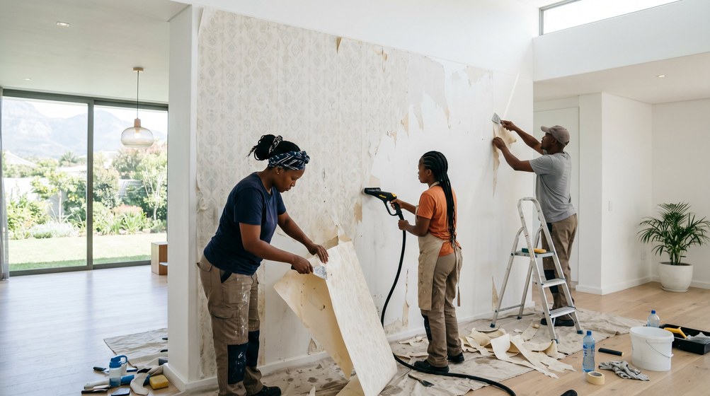 Professional wallpaper removal team stripping old wallpaper in a Boksburg home