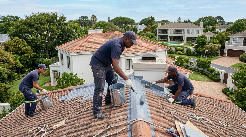 Professional waterproofing team applying membrane to roof in Boksburg