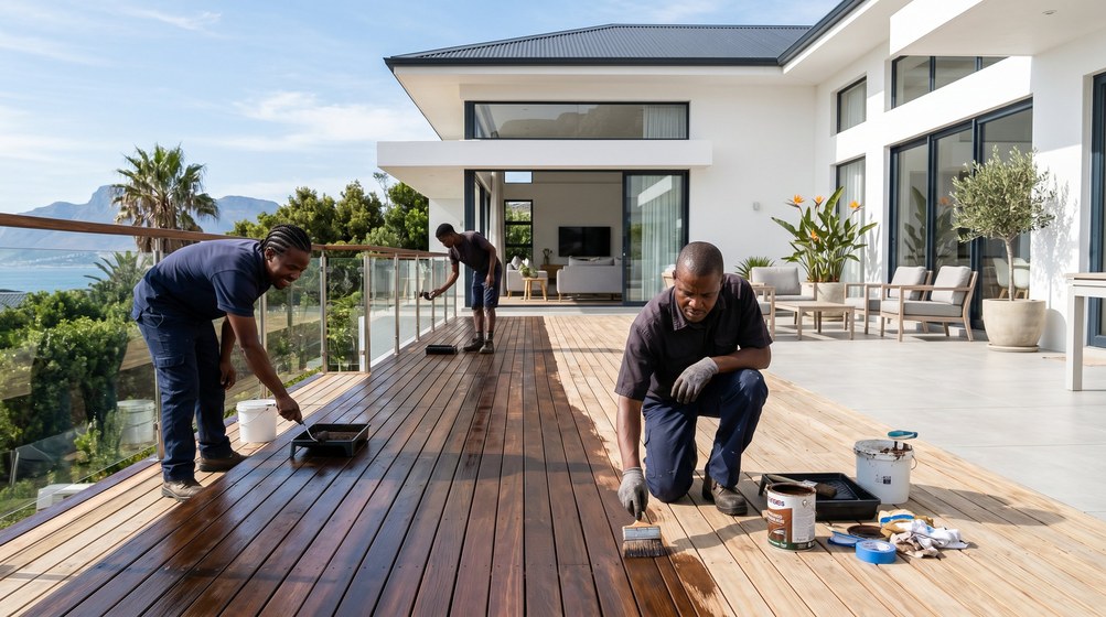 Professional wood staining team applying deck stain overlooking the ocean in Ekurhuleni